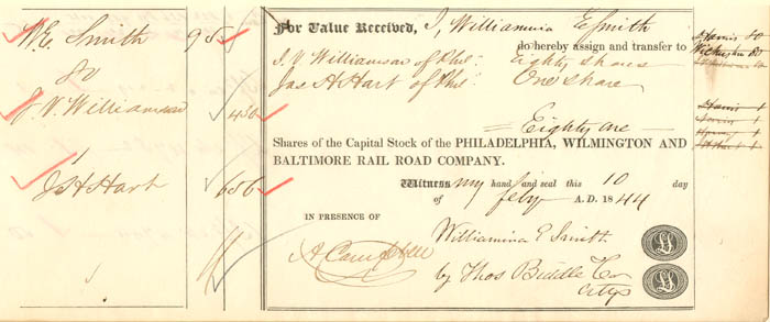 Philadelphia, Wilmington and Baltimore Rail Road Co. - Stock Certificate